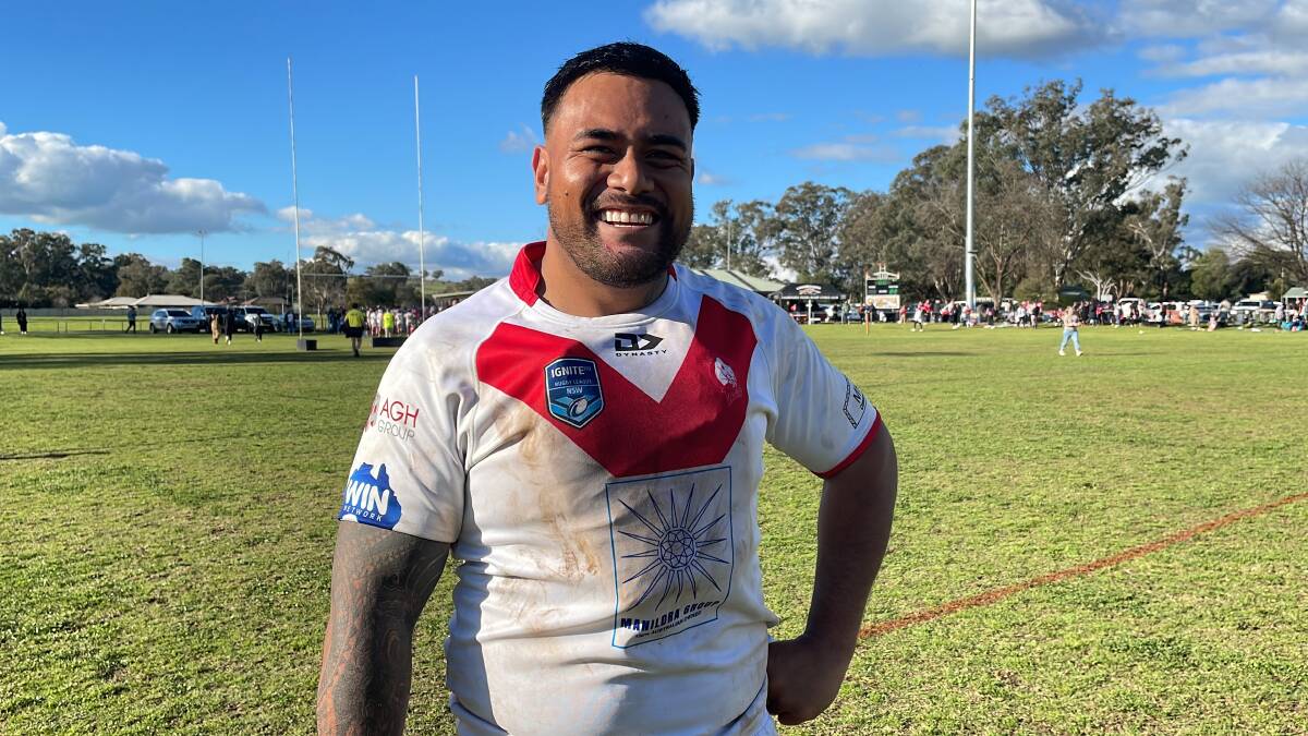 Manildra Rhinos prop Sia Nemani was all smiles at full-time. Picture by Dominic Unwin
