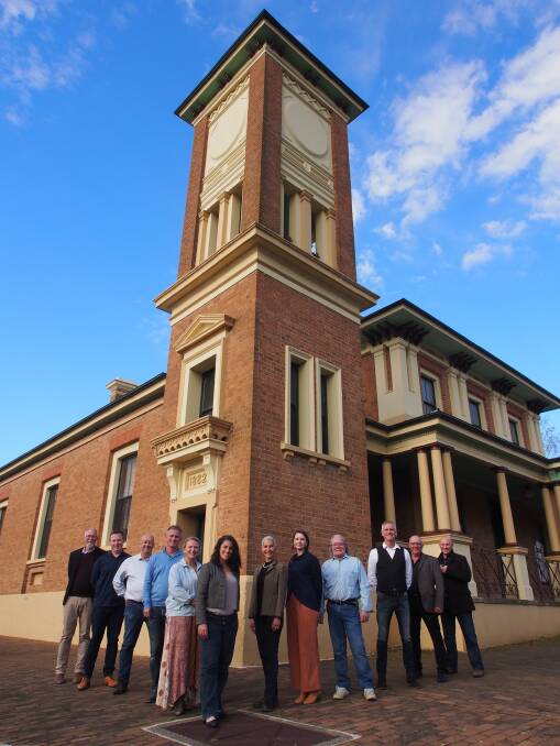The cast of Witness for the Prosecution stands outside Carcoar court house. Picture supplied