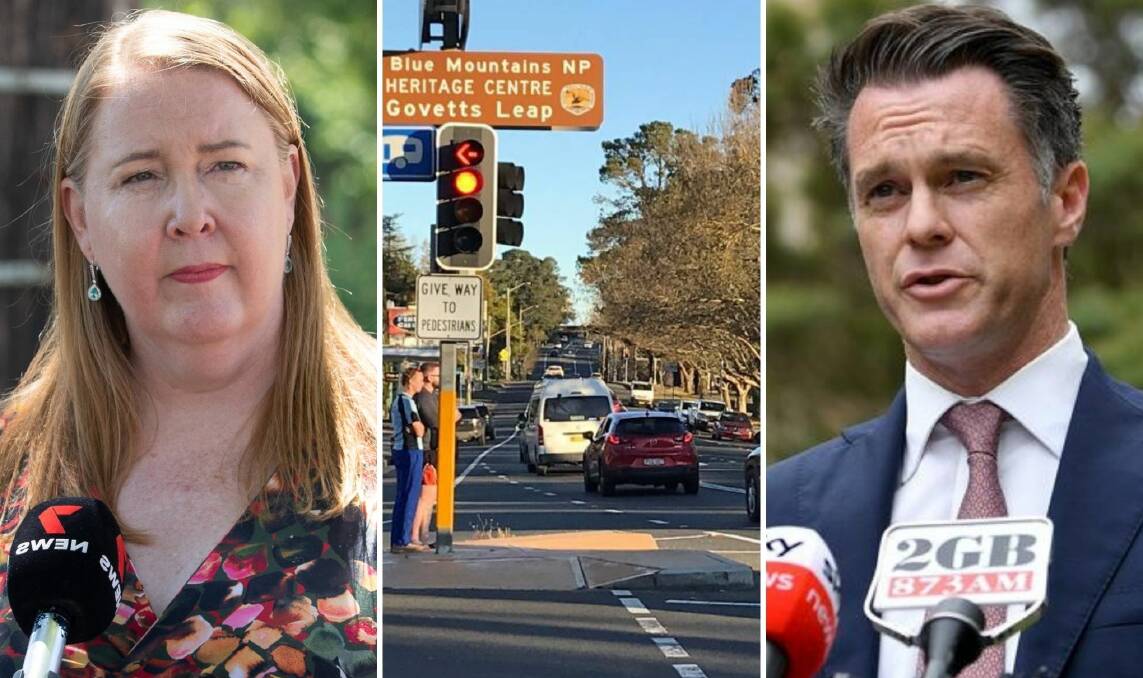 Jenny Aitchison, minister for Regional Transport and Roads, the Great Western Highway at Blackheath and Chris Minns, NSW premier. 