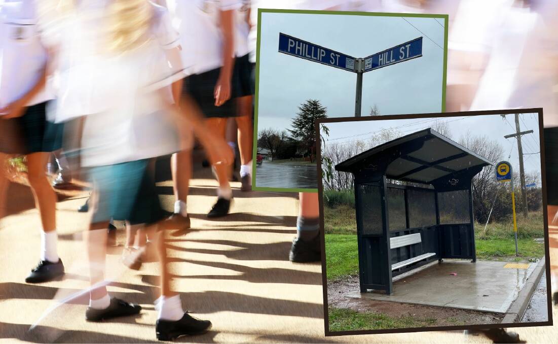 Stock image of school children and (insets, from top) the street signs on Phillip and Hill streets and the bus shelter on Kearneys Drive. 