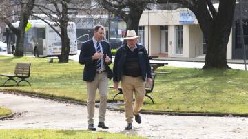 The Nationals Candidate for Calare Sam Farraway and NSW Nationals chairman Rick Colless in Robertson Park, Orange on Monday, July 22. Picture by Carla Freedman