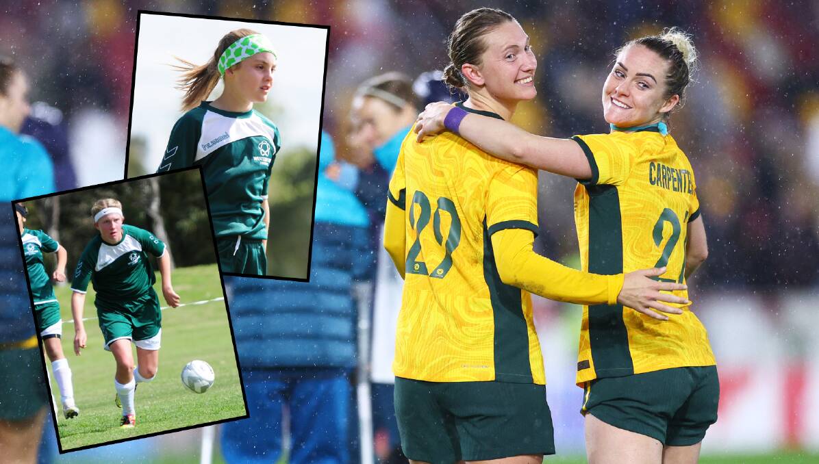 World Cup-bound Matildas stars Clare Hunt (left) and Ellie Carpenter are Western area products who were former junior teammates. Main picture by Clive Rose/Getty Images
